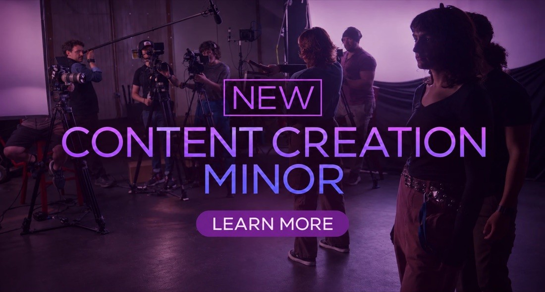 New Content Creation Minor: a film crew shooting on a purple-lit set