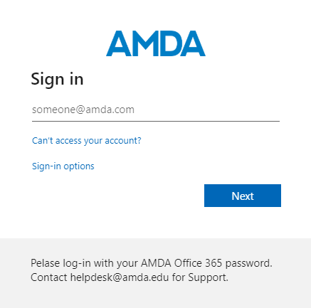 Screenshot of the AMDA Office 365 login screen.